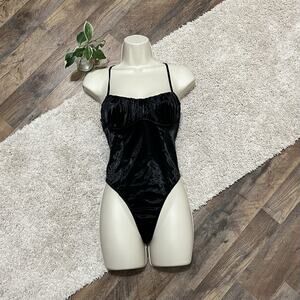 Urban Outfitters Out From Under Small Black Satin Strappy Thong Bodysuit